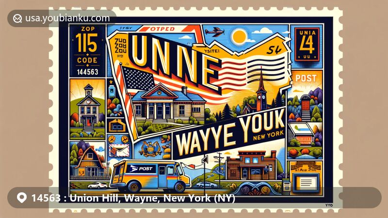 Modern illustration of Union Hill, Wayne County, New York, featuring vintage postcard theme with prominent 14563 ZIP code and postal elements, integrating local flora and fauna, along with New York state symbols.
