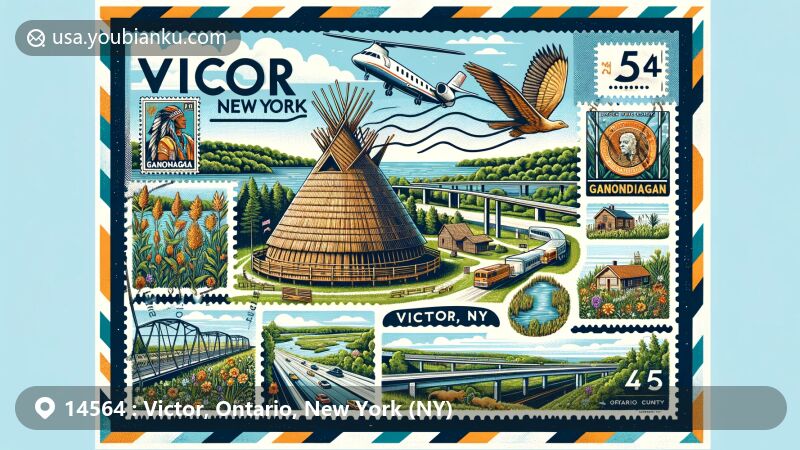 Modern illustration of Victor, Ontario County, New York, displaying postal theme with ZIP code 14564, featuring Ganondagan State Historic Site and Finger Lakes natural beauty.