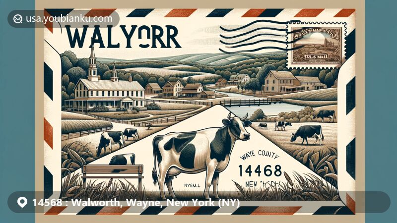 Modern illustration of Walworth, Wayne County, New York, blending agricultural history with postal theme of ZIP code 14568, featuring Holstein cows and local landmarks.