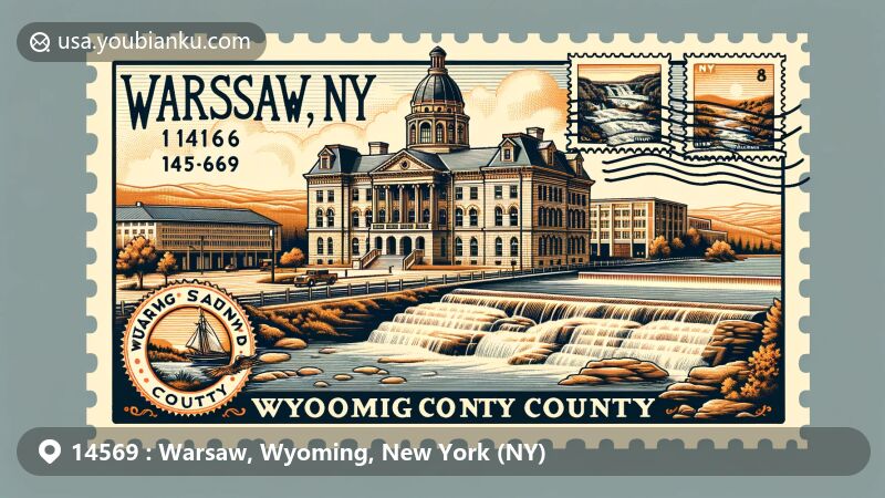 Modern illustration of Warsaw, Wyoming, New York, ZIP code 14569, featuring Wyoming County Courthouse, Augustus Frank House, Warsaw Waterfalls, and decorative postal elements, showcasing the area's natural beauty and historical landmarks.
