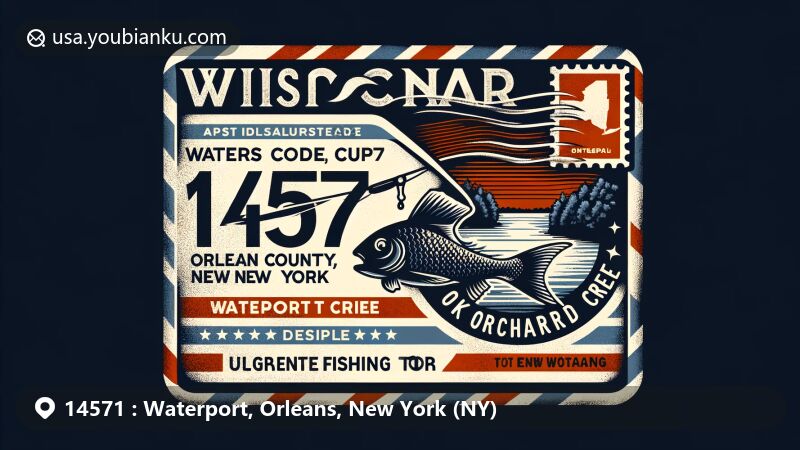 Modern illustration of Waterport, Orleans County, New York, featuring vintage air mail envelope with Oak Orchard Creek and River design, fish silhouette, and ZIP code 14571.