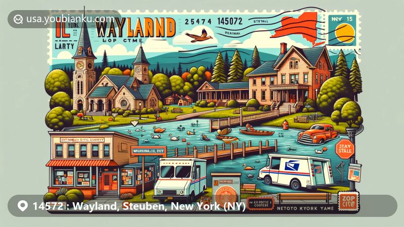 Modern illustration of Wayland, Steuben County, New York, capturing local landmarks, demographic diversity, and postal elements, featuring Loon Lake and Wayland Historical Society Museum.