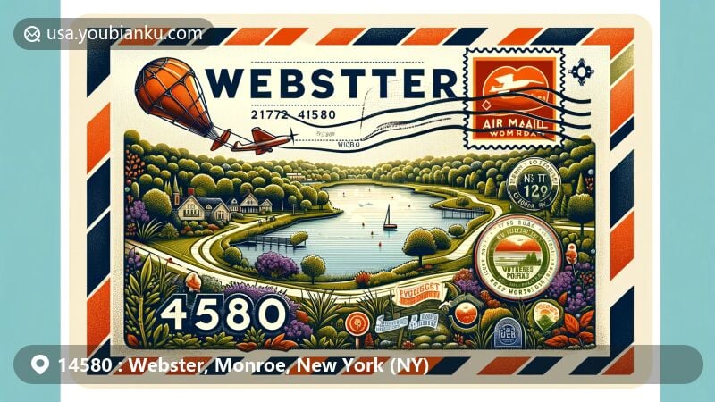 Modern illustration of Webster, Monroe County, New York, highlighting postal theme with ZIP code 14580, featuring scenic views of Webster Arboretum or North Ponds Park, and iconic landmarks like Webster Park by Lake Ontario.