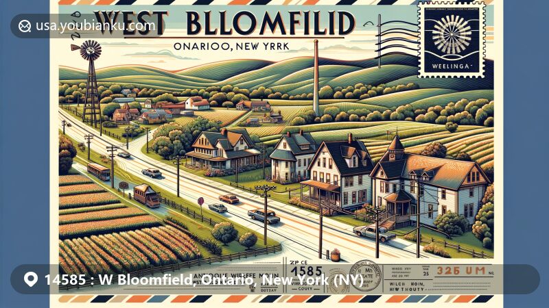 Modern illustration of West Bloomfield, Ontario County, New York (NY), featuring Finger Lakes region with Honeoye Creek, US Route 20, and New York State Route 5, emphasizing agricultural heritage and Antique Wireless Museum.