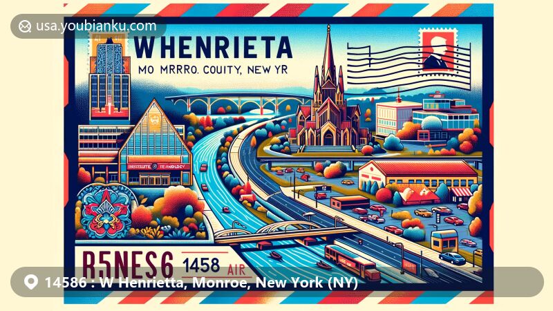 Modern illustration of W Henrietta, Monroe County, NY, featuring Rochester Institute of Technology campus, Wat Pa Lao Buddhadham temple, and Genesee River, seamlessly blended with postal elements like stamps and postmark with ZIP code 14586.