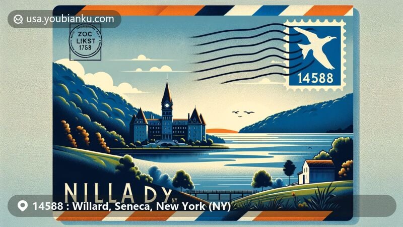 Modern illustration of Willard area in Seneca County, New York, featuring serene Seneca Lake and historic Willard Asylum, cleverly integrating airmail envelope concept with '14588' ZIP Code, showcasing postal and geographical importance.