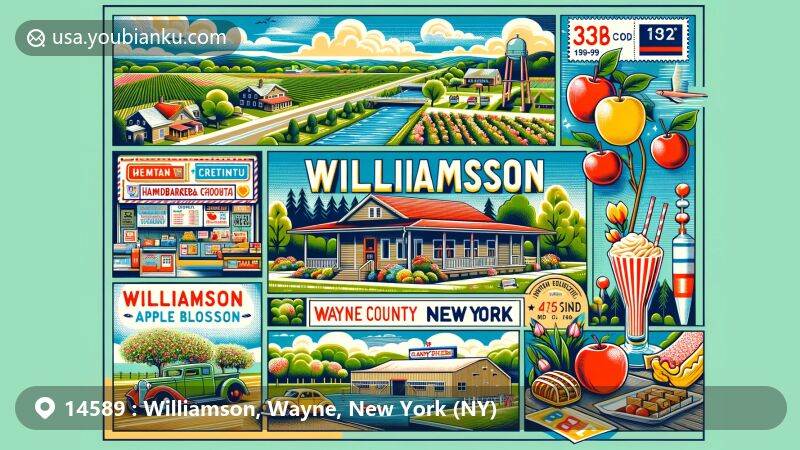 Modern illustration of Williamson, Wayne County, New York, capturing local culture and environment with references to Lake Ontario, Orbaker's Drive-In, Candy Kitchen, Williamson Apple Blossom Festival, rural farming landscape, and postal theme elements including ZIP code 14589.