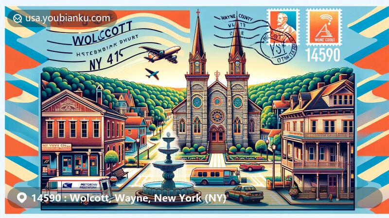 Modern illustration of Wolcott Square Historic District in ZIP Code 14590, Wayne County, New York, showcasing First Presbyterian Church, Village Hall, and public fountain, with a mix of natural beauty, architectural landmarks, and postal elements.
