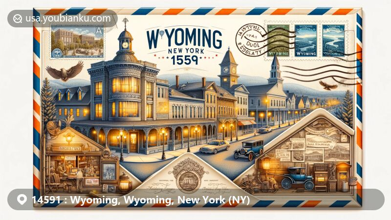 Modern illustration of Gaslight Village in Wyoming, New York, featuring airmail envelope with landmarks like Middlebury Academy and Hillside Inn, vintage postal stamps, and 14591 postmark.