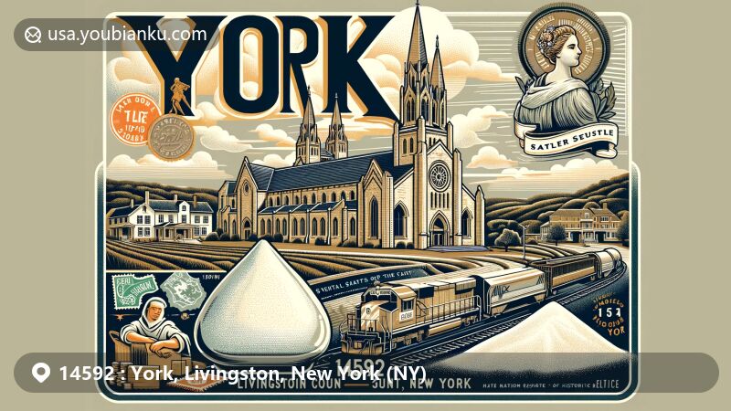 Modern illustration of York, Livingston County, New York, featuring Abbey of the Genesee, salt mine elements, Linwood estate, and postal theme with ZIP code 14592.