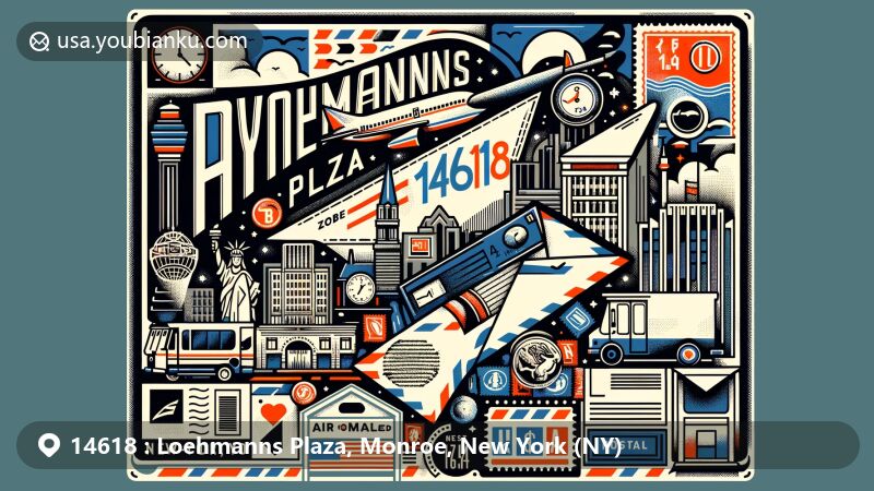 Modern illustration of Loehmanns Plaza, Monroe County, New York, showing postal theme with ZIP code 14618, featuring air mail envelope with stamps, '14618' postmark, and postal symbols.