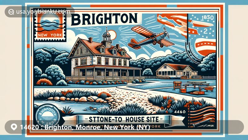 Modern illustration of Brighton, NY 14620, featuring historic Stone-Tolan House and serene Brighton Town Park with nature path and pond, framed in postcard design with aviation-themed border and New York state flag stamp.