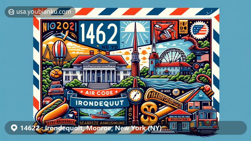 Modern illustration of Irondequoit, Monroe, New York, highlighting postal theme with ZIP code 14622, featuring Genesee River, Irondequoit Bay, Seabreeze Amusement Park, Hot Dog Row, House of Guitars, Whispering Pines Mini Golf, and New York state symbols.