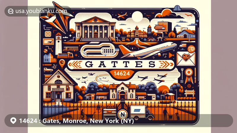 Modern illustration of Gates, Monroe, New York area with ZIP code 14624, featuring aviation-themed design reflecting Rochester International Airport, historical Franklin Hinchey House, community spirit, natural beauty, and postal elements.