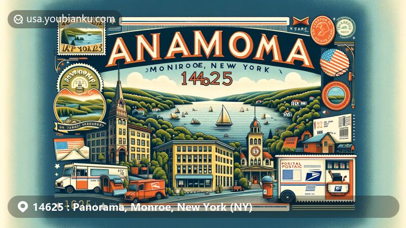 Modern illustration of Panorama, Monroe County, New York, with postal theme showcasing ZIP code 14625, featuring regional history, cultural heritage, and American postal elements.