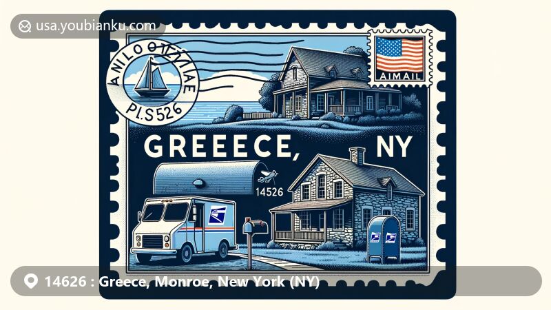 Modern illustration of Greece, Monroe, New York (NY), showcasing the iconic William Covert Cobblestone Farmhouse by Lake Ontario, featuring postal theme with stamps and postmark displaying 'Greece, NY 14626', including traditional blue U.S. mailbox and USPS postal van.