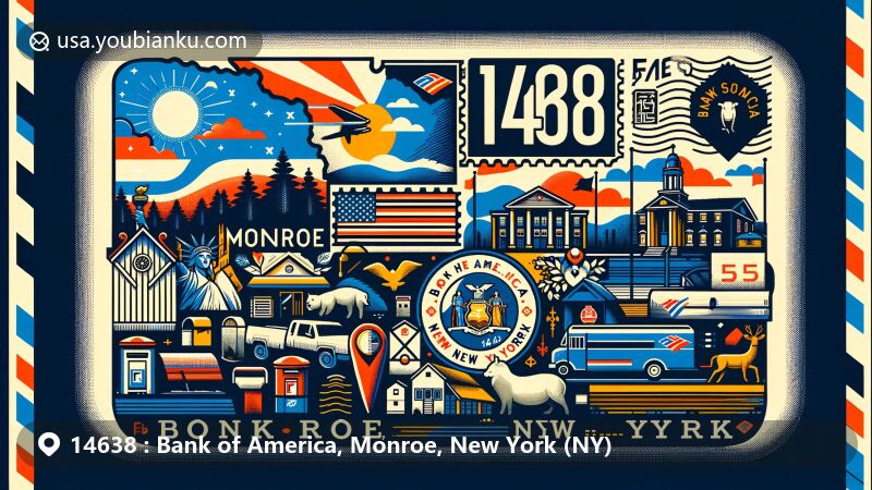 Creative depiction of Monroe, New York, Bank of America location with ZIP code 14638, showcasing state flag, Monroe's landscape, and postal elements like postcard shape, stamps, and 14638 postmark.