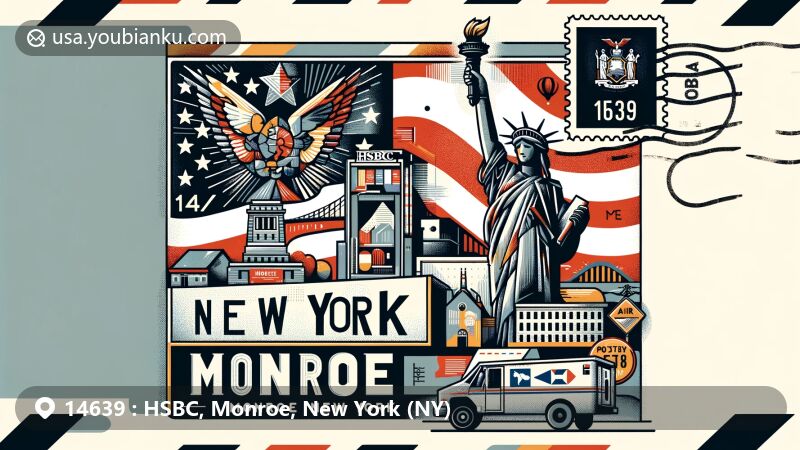 Modern illustration of HSBC, Monroe, New York (NY), highlighting ZIP code 14639, featuring New York state flag, Monroe County outline, and iconic symbols like Statue of Liberty, set in air mail envelope with stamp and postmark, postal delivery van, and mailbox.