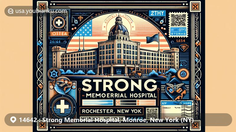 Wide modern illustration of Strong Memorial Hospital, Monroe, New York, showcasing postal theme with vintage postcard background, QR code, Monroe County outline, and New York state flag.