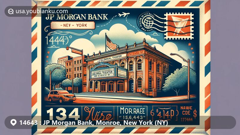 Modern illustration of JP Morgan Bank, Monroe, New York, showcasing Colonial Theater as main landmark, set in vintage airmail envelope with postal theme featuring ZIP code 14643 and New York state flag stamp.