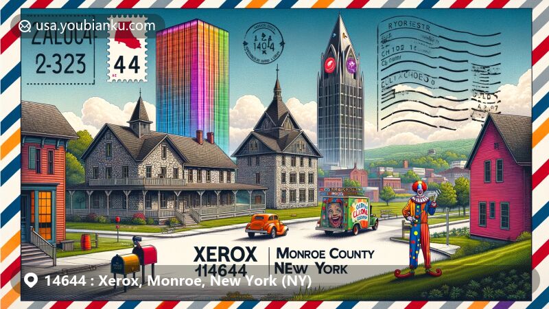 Modern illustration of Xerox area, Monroe County, New York, featuring historic Chase Cobblestone Farmhouse, Xerox Tower, and C.L.O.X. symbol, highlighting postal theme with ZIP code 14644.