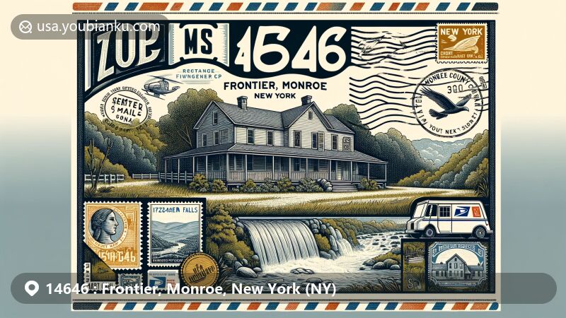 Modern illustration of Frontier area in Monroe County, New York, featuring vintage air mail envelope design with ZIP code 14646, showcasing Stone-Tolan House, Monroe County outline, and New York state flag, with Fitzgerald Falls in the background.