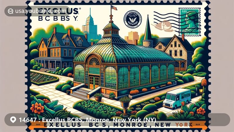 Modern illustration of Excellus BCBS, Monroe, New York, featuring Lamberton Conservatory, Genesee Country Village & Museum, and Chase Cobblestone Farmhouse, along with postal elements like vintage stamps and mail symbols.