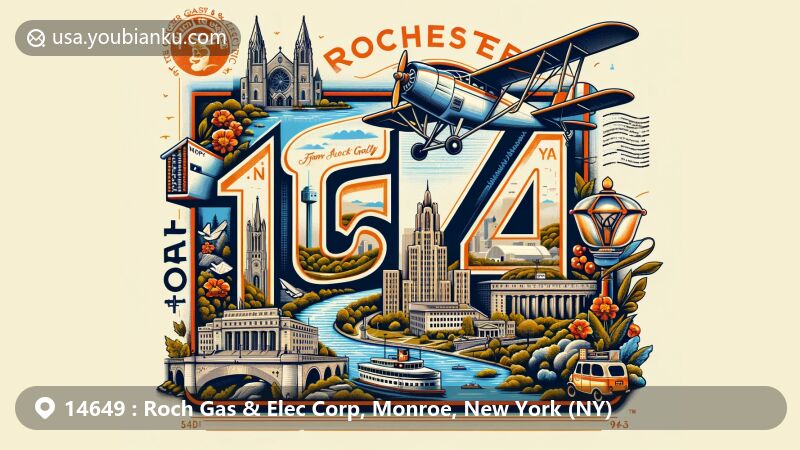 Modern illustration of Rochester, Monroe County, New York, with vintage aviation letter as canvas, featuring cityscape with iconic landmarks like Memorial Art Gallery and The Strong National Museum of Play, natural landmarks like Fall Brook Gorge, and symbols of 'The Flour City' and 'The Flower City'.