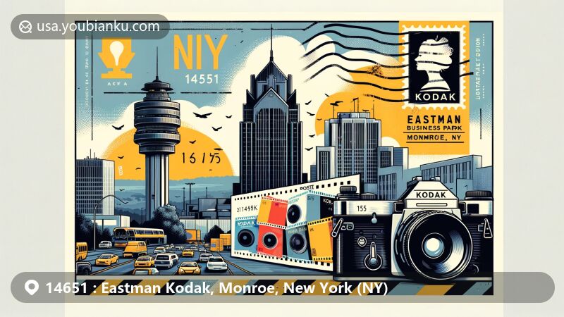 Modern illustration of Kodak Tower and Eastman Kodak area in Rochester, Monroe County, New York, featuring photographic film, cameras, and postal elements, with a blurred background of Eastman Business Park.