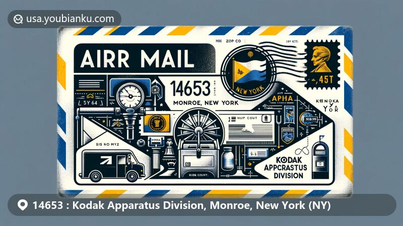 Modern illustration of Kodak Apparatus Division, Monroe County, New York, showcasing postal theme with ZIP code 14653, featuring Kodak's imaging technology heritage and New York state symbols.
