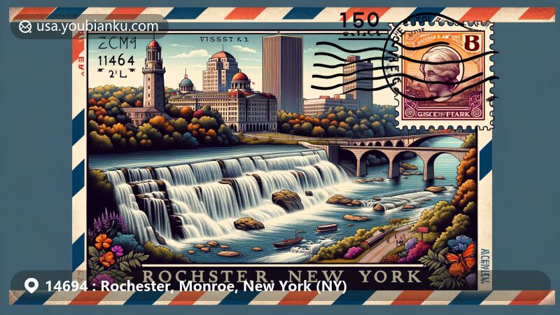 Modern illustration of Rochester, New York, featuring postal-themed design with High Falls, Charlotte-Genesee Lighthouse, and Susan B. Anthony Museum, blended with New York state flag elements and postal stamp of Rochester Museum & Science Center.