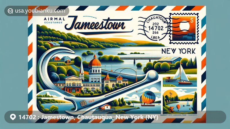 Modern illustration of Jamestown, New York, blending Chautauqua Lake's scenic beauty, industrial history symbolized by a crescent wrench, and cultural icons Lucille Ball and Robert H. Jackson. Postal elements like postmark and ZIP code '14702' seamlessly integrated, showcasing Chadakoin Park's green spaces and river views, reflecting rich history, natural beauty, and cultural significance.