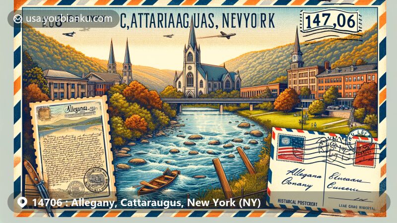 Modern illustration of the Allegany area in Cattaraugus County, New York, showcasing the Allegheny River, Enchanted Mountains, St. Bonaventure University, historical buildings, and postal elements with vintage postcard design and NY State flag stamp.