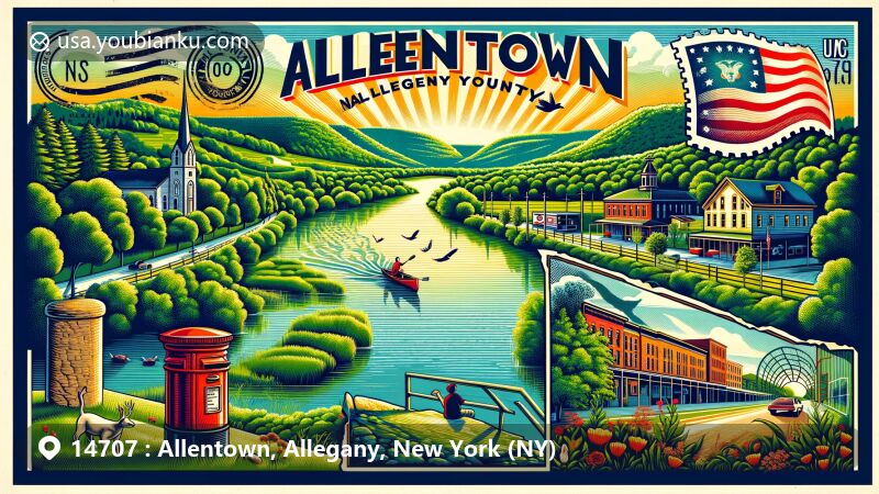 Modern illustration of Allentown, New York, showcasing scenic beauty with Allegheny River and lush greenery, integrating vintage postcard elements and postal theme with ZIP code 14707.