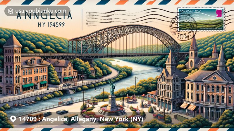 Modern illustration of Angelica, NY 14709, featuring Alton Sylor Memorial Bridge - known for its unique timber arch and Park Circle community center, surrounded by historic buildings. Includes Angelica Players theater group and Allegany County's natural beauty, with postal theme showcasing ZIP Code '14709'.