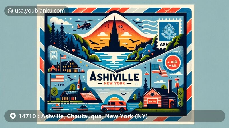 Modern illustration of Ashville, New York, showcasing postal theme with ZIP code 14710, featuring New York state flag, Chautauqua County silhouette, and natural landmarks near Finger Lakes.