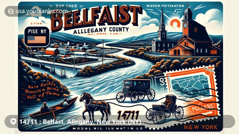 Modern illustration of Belfast, Allegany County, New York, featuring scenic Genesee River, Bare Knuckle Boxing Hall of Fame, Amish community, and Allegany County's natural beauty, combined with vintage postal elements like stamps and ZIP code 14711.