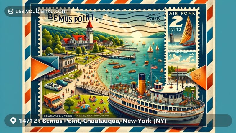 Modern illustration of Bemus Point, New York, featuring postal theme with vintage air mail envelope, postage stamp, and ZIP code 14712, showcasing Bemus Point-Stow Ferry and Chautauqua Lake against a backdrop of vibrant summer scene.