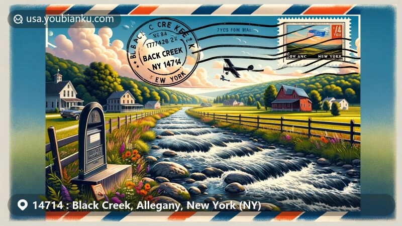 Modern illustration of Black Creek, Allegany County, New York, blending rural landscape with postal theme and Amish community hints, featuring scenic creek representing the area's name origin.