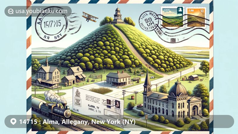 Modern illustration of Alma, NY, featuring iconic Alma Hill, historical and cultural symbols like the Allegany County Historical Society Museum, and postal elements with ZIP code 14715. The foreground shows an airmail envelope with stamps and postmark, depicting Alma's landmarks.