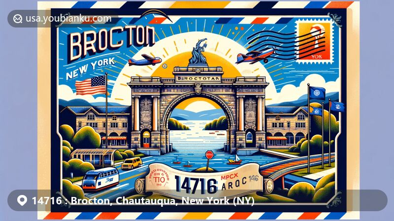 Modern illustration of Brocton, Chautauqua County, New York, featuring Brocton Arch as a symbol of unique charm, with postal elements like stamps, postmark, and ZIP Code 14716, along with Lake Erie and New York state symbols.