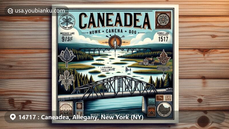 Modern illustration of Caneadea, New York, capturing historic Caneadea Bridge and Moss Lake Bog, incorporating Seneca cultural elements and postal motifs with ZIP code 14717.