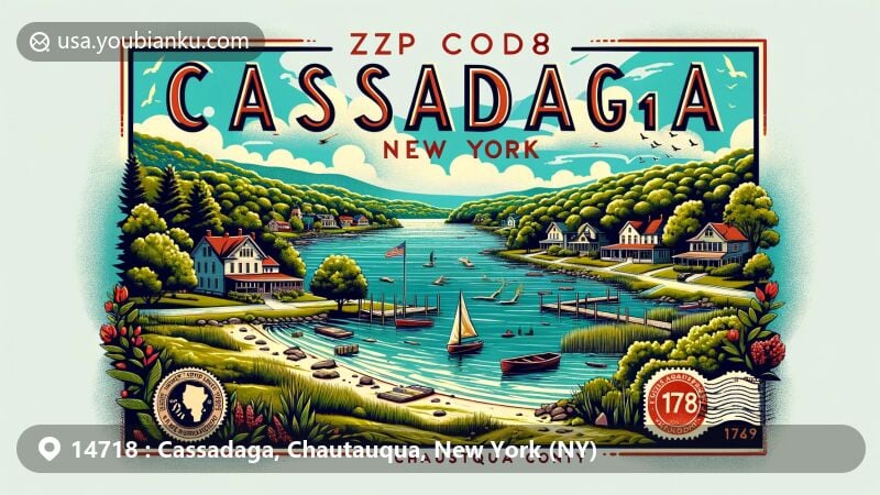 Modern illustration of Cassadaga, New York, featuring tranquil Cassadaga Lakes and lush greenery, incorporating postal theme with vintage postcard frame, ZIP code 14718, and postal symbols.