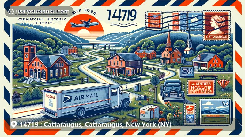 Illustration of Cattaraugus, New York, showcasing ZIP code 14719, featuring Cattaraugus Village Commercial Historic District, local geography, including NY Route 353, Skinner Hollow, and Pat McGee Trail, and industrial presence like Setterstix factory.