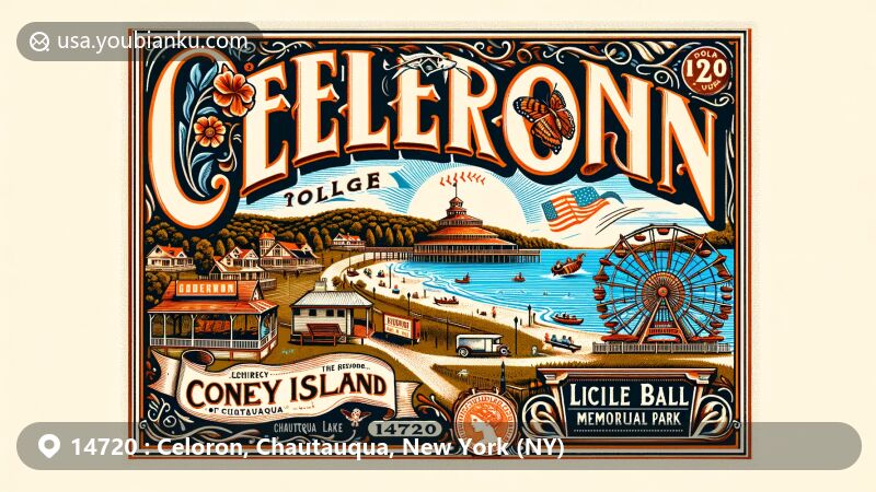 Modern illustration of Celoron, NY, showcasing Celoron Park's historical charm, Lucille Ball Memorial Park, and Chautauqua Lake's natural beauty, framed in a vintage postcard with postal elements and New York state description.
