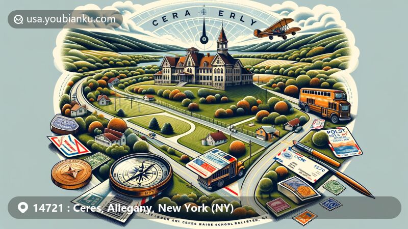 Modern illustration of Bear Valley and Ceres School in Ceres, Allegany County, New York, featuring aerial view and historic landmarks, incorporating vintage air mail elements, stamps, and ZIP code 14721 postmark.