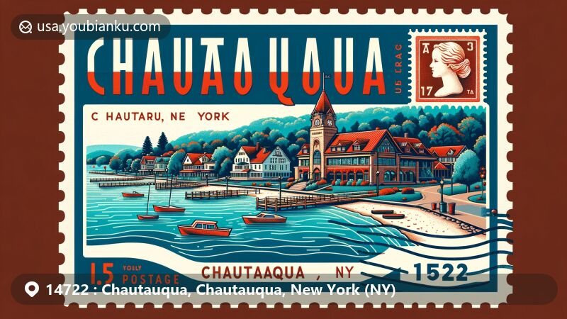 Modern illustration of Chautauqua, Chautauqua County, New York, showcasing iconic Chautauqua Institution with rich arts and cultural activities, set in a historic lakeside village, featuring Chautauqua Lake and postal theme with ZIP code 14722.