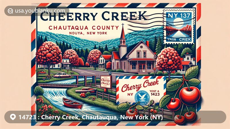 Modern illustration of Cherry Creek, Chautauqua County, New York, featuring postal theme with ZIP code 14723, showcasing cherry tree, Cherry Creek stream, and NY Route 83.