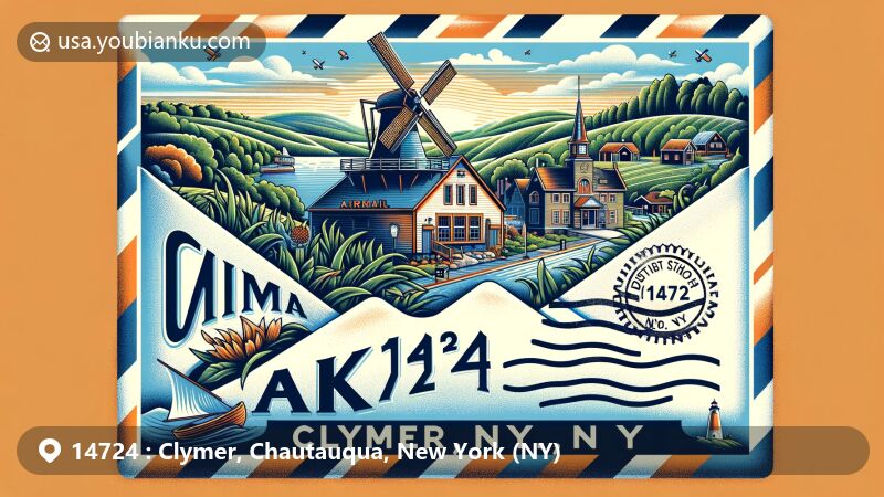 Modern illustration of Clymer, Chautauqua County, New York, featuring postal theme with ZIP code 14724, showcasing Dutch heritage with windmills, Clymer District School No. 5, and lush green vegetation.
