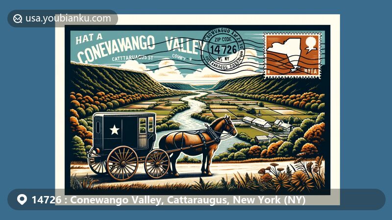 现代插图展示了纽约州Cattaraugus县Conewango Valley的ZIP码14726，以复古风格的邮政明信片设计为背景，描绘了山谷景观、阿米什符号、纽约州轮廓和邮政元素。设计富有创意，突出自然、文化和邮政主题，显示出地区的独特魅力。